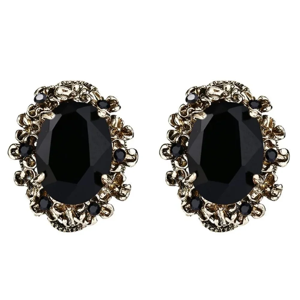Antique Yellow Gold with Black Onyx Austrian Crystal Cameo Post Stud Earrings